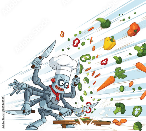 Vector Illustration of a Six Armed Chef Robot Character Frantically Chopping Vegetables with Flying Carrots and Broccoli