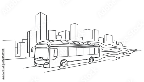 Electric bus driving through modern cityscape with solar panels