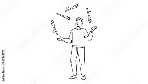 Man juggling multiple paintbrushes with a cheerful expression