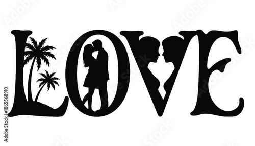 Romantic couple silhouette in love with palm trees