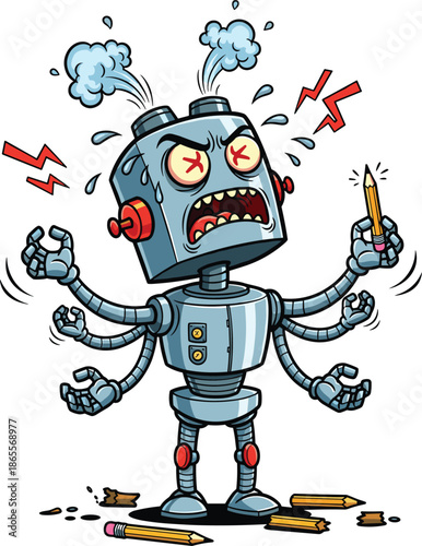 Vector Illustration of a Stressed Six Armed Robot Character Shaking with Rage and Steam While Breaking Pencils