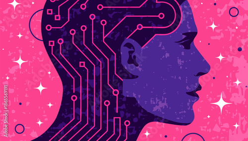 Vibrant illustration of a woman's head with circuit board design