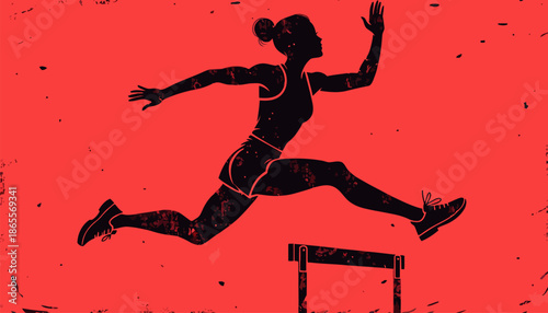 Female athlete jumping over hurdle in dynamic motion on red background