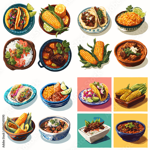 Delicious Mexican cuisine vector illustrations featuring tacos corn cobs and meat stews. Colorful Latin food art for restaurant menus and culinary designs showcasing traditional meals.
