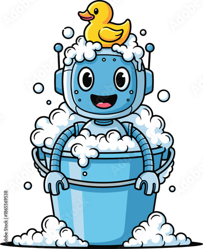 Vector Illustration of a Happy Blue Robot Character Taking a Bubble Bath in a Bucket with a Duck