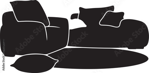 Modern living room with black couch and pillows