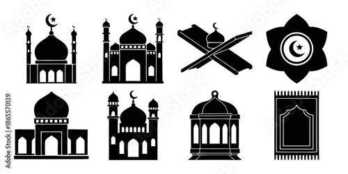 Ramadan vector icons set mosque crescent moon islamic symbols