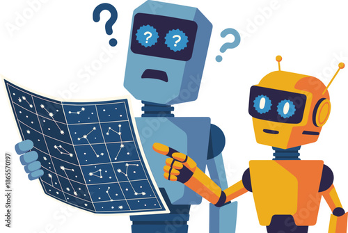 Vector Illustration of Two Confused Robots Looking at a Complex Star Map with Question Marks Over Their Heads