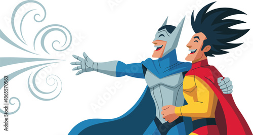 Vector Illustration of Two Laughing Superhero Characters Using Wind Power to Blast Away Air with a Hand Gesture