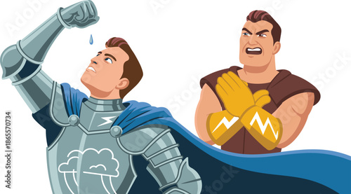 Vector Illustration of a Knight Squeezing a Raindrop from His Gauntlet While a Hero Watches with Crossed Arms
