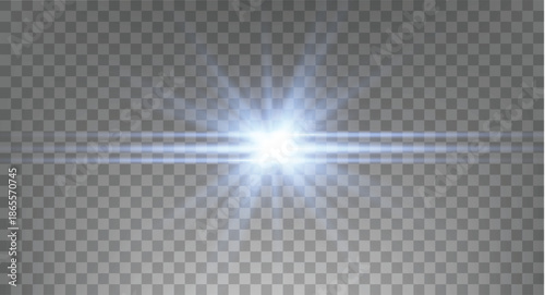 Blue horizontal lens flare.
Isolated on transparent background. Sun flash with rays or spotlight and bokeh. Glow flare light effect. Vector illustration.