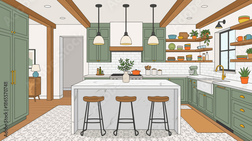 Modern Green Kitchen Design: Marble Island, Wood Accents, Cozy Home Decor