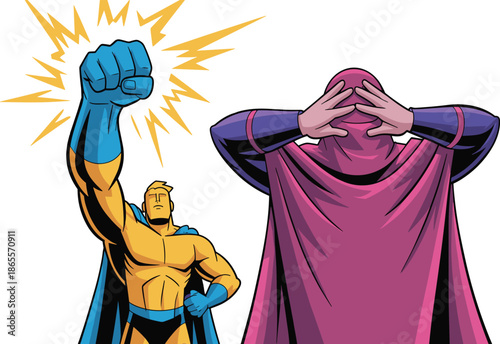 Vector Illustration of a Golden Superhero Holding a Glowing Blue Fist High Next to a Defeated Purple Villain
