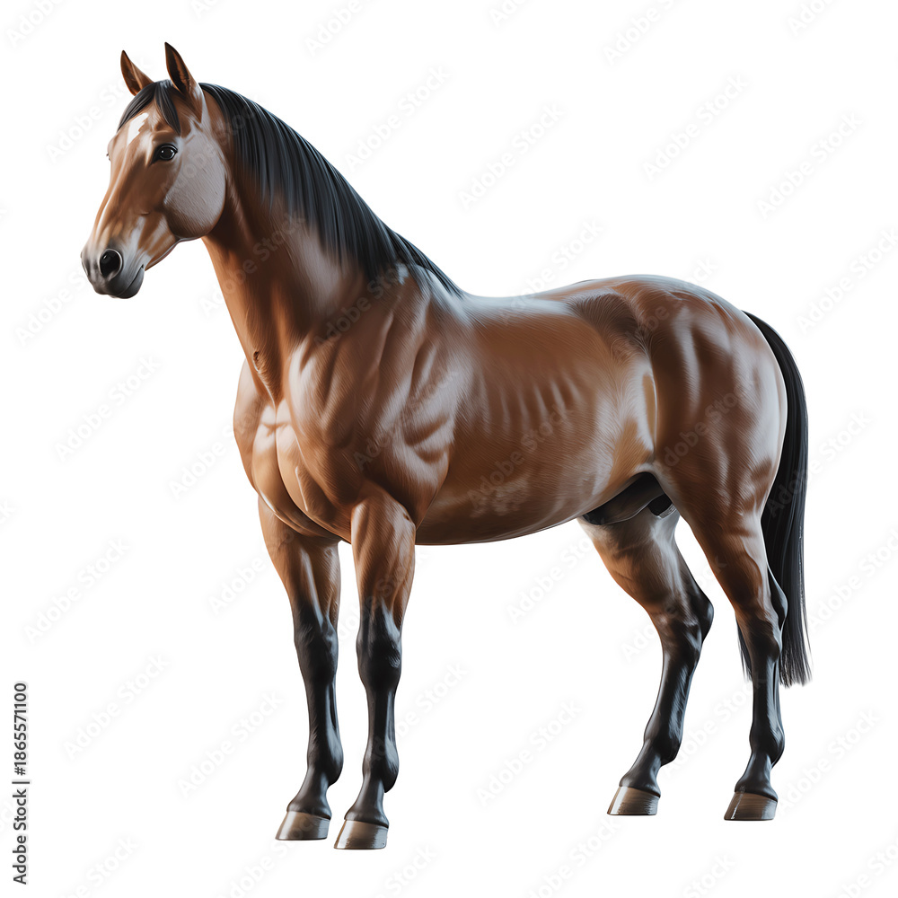 Fototapeta premium Realistic brown horse illustration side view highly detailed on transparent background