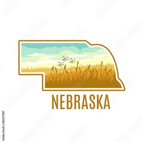 Nebraska Map Border with Prairie Silhouette in Blue Scenery Perfect for Print, Apparel, etc