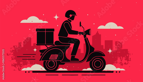 Delivery rider on scooter with package in cityscape