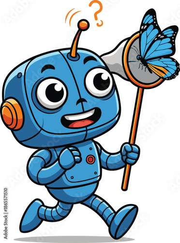 Vector Illustration of a Happy Blue Robot Character Catching a Large Blue Butterfly with a Small Hand Net
