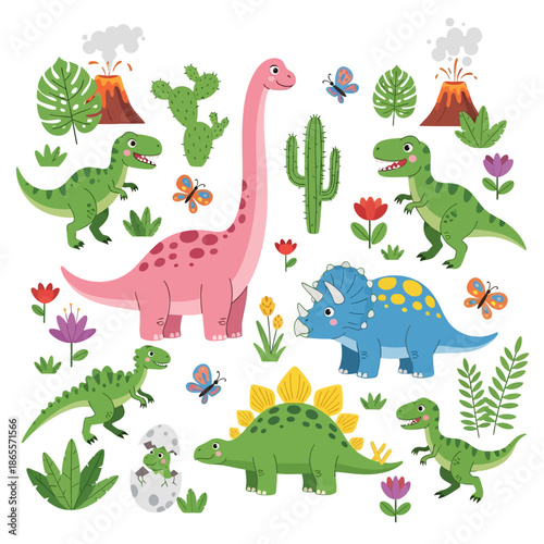 Cute Cartoon Dinosaur Collection with Tropical Plants and Volcanoes on White Background