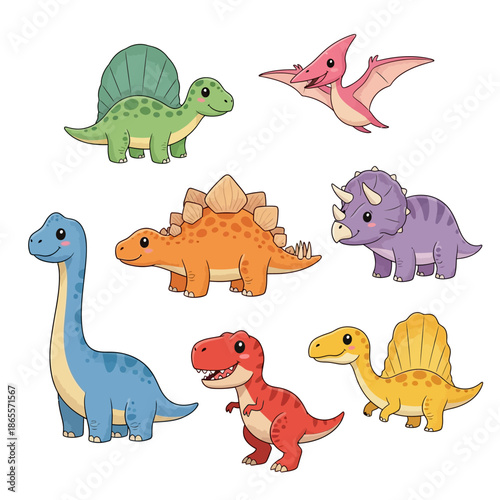 Adorable Cartoon Dinosaur Collection: Set of Cute Kawaii T-Rex, Triceratops, Stegosaurus, Brachiosaurus, and Pterodactyl Illustrations.