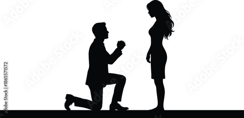 Romantic marriage proposal silhouette of man kneeling before woman, love commitment engagement moment isolated on white background illustration