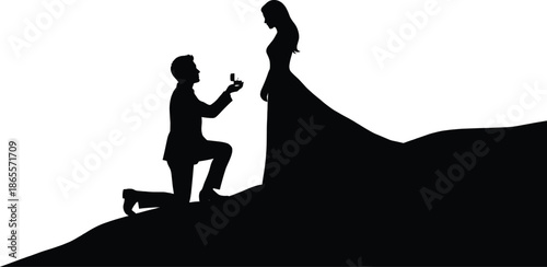 Romantic silhouette of man kneeling with engagement ring proposing marriage to woman on hill isolated background illustration concept love