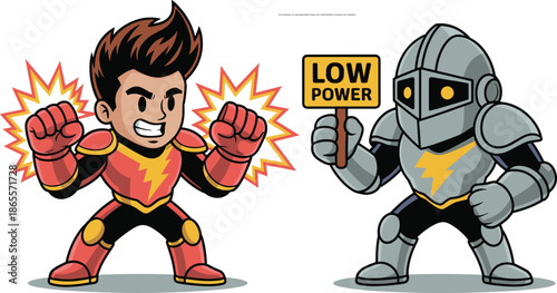 Vector Illustration of a High Energy Hero Character with Glowing Fists Next to a Robot Holding Low Power Sign