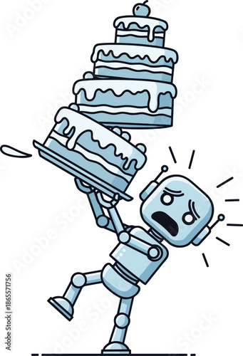 Vector Illustration of a Panicked Blue Robot Character Struggling to Balance a Large Shaky Stack of Frosted Cakes