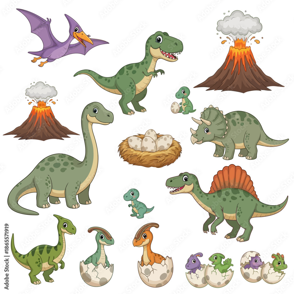 Naklejka premium Cartoon Dinosaur Collection Set: T-Rex, Triceratops, Brontosaurus, and Baby Dino Hatchlings with Volcanoes