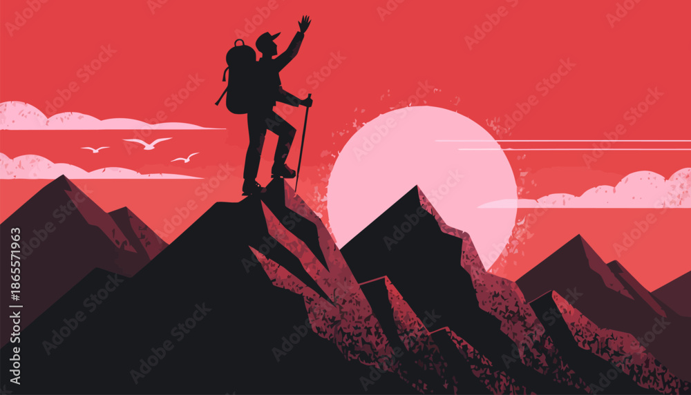 Naklejka premium Hiker celebrating triumph on mountain peak at sunset