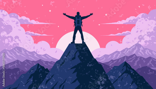 Triumphant hiker standing on mountain peak with arms outstretched