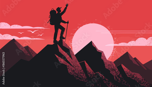 Hiker celebrating triumph on mountain peak at sunset