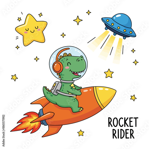 Adorable Cartoon Dinosaur Astronaut Riding a Rocket Past a UFO and Star