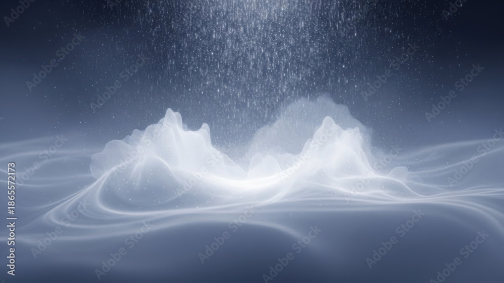 Obraz premium Majestic snow-covered mountain peaks emerging through swirling fog under starry night sky