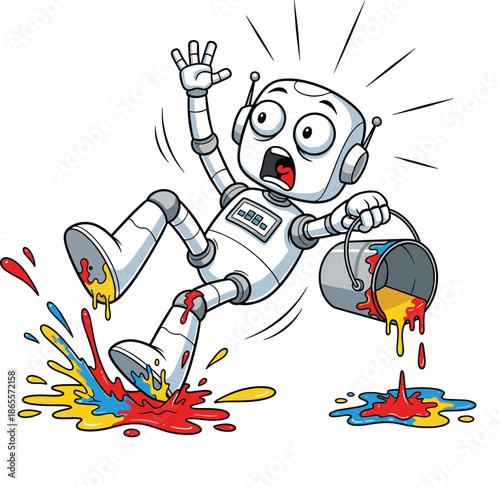 Vector Illustration of a Panicked White Robot Character Slipping and Falling While Spilling a Bucket of Bright Paint
