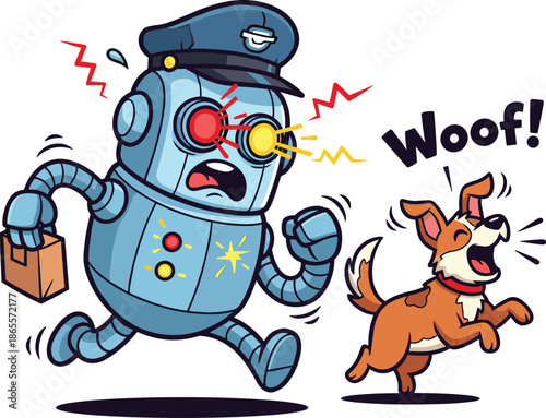 Vector Illustration of a Panicked Mail Carrier Robot Character Running from a Barking Brown Dog with Sound Effects