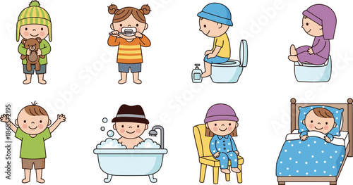 Cute baby daily routine cartoon illustration set, toddlers hygiene sleeping toilet training activities, child care concept, colorful flat vector