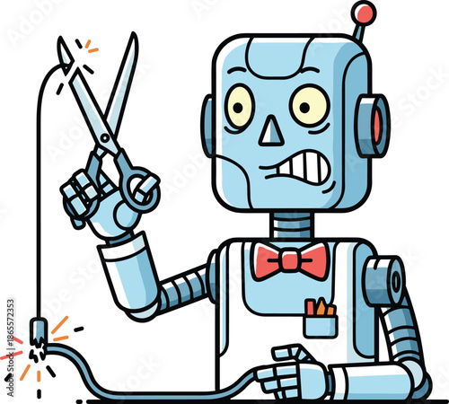 Vector Illustration of a Worried Robot Character Accidentally Cutting a Live Power Cable with Scissors for Tech Error