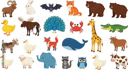 Cute cartoon animals collection illustration, wild and farm animal characters set, colorful kids friendly wildlife design, isolated on white background