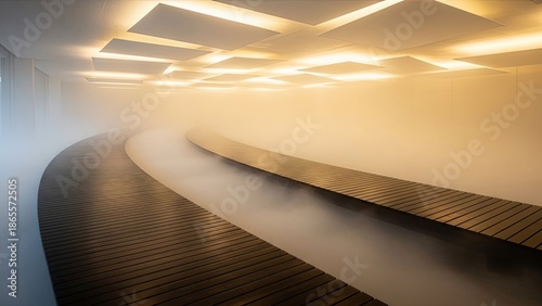 Modern minimalist curved interior pathway with ambient lighting and sleek design elements