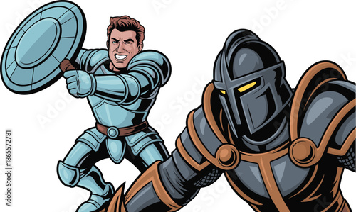 Vector Illustration of a Determined Knight Striking with a Round Shield Against a Large Dark Armored Warrior Villain