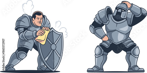 Vector Illustration of a Focused Knight Polishing His Shield Next to a Large Tired Warrior Adjusting His Helmet