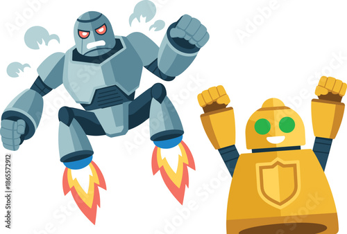 Vector Illustration of an Angry Grey Rocket Robot Flying with Jet Thrusters Next to a Cheering Gold Bot