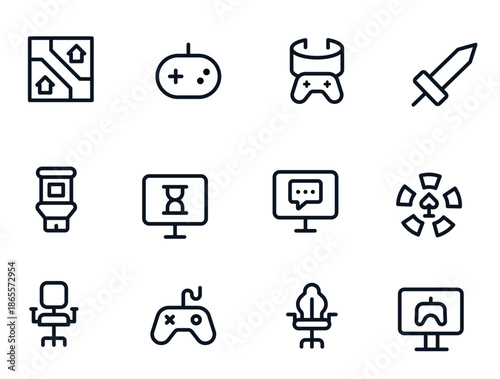 Essential Gaming Icon Set Vector Illustration. Packed with Popular Symbols for Video Games, Joysticks, and Gamer Gear