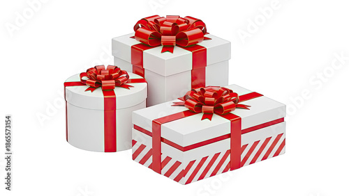 Three White Gift Boxes with Red Ribbons and Bows