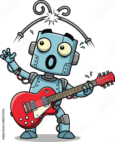 Vector Illustration of a Surprised Robot Character Playing a Red Electric Guitar with Sparks Flying from its Antenna