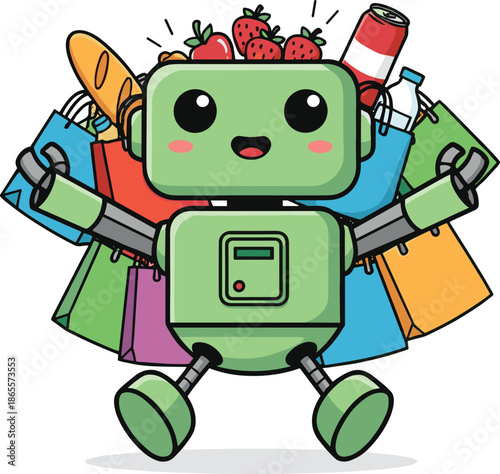 Vector Illustration of a Happy Green Robot Character Carrying Many Colorful Shopping Bags Filled with Food and Groceries
