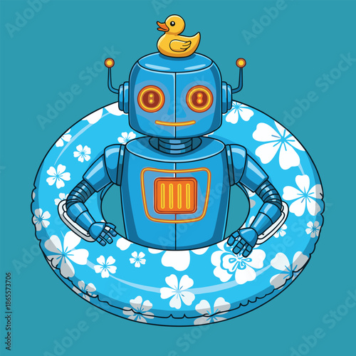Vector Illustration of a Happy Blue Robot Character with a Floral Pattern Lifebuoy and a Small Yellow Duck