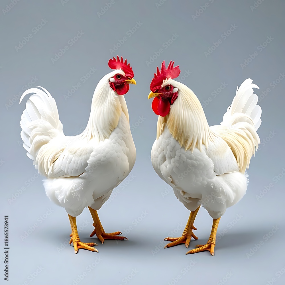 Fototapeta premium Two white roosters stand side-by-side against a light gray background, showing their plumage and red combs