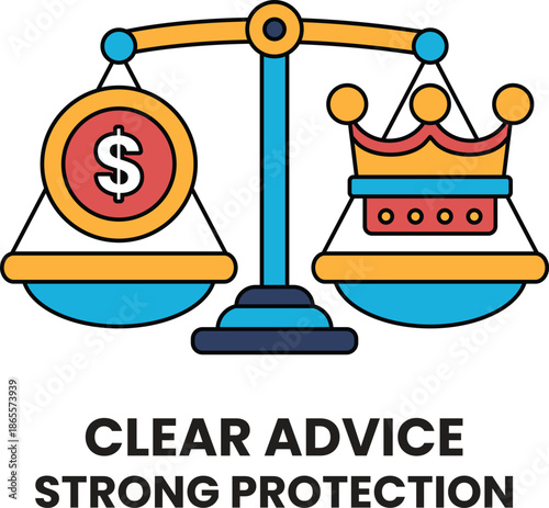 A scale with a dollar sign on one side and a crown on the other