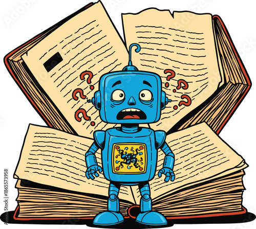 Vector Illustration of a Worried Blue Robot Character Surrounded by Open Books and Question Marks for Education Concept